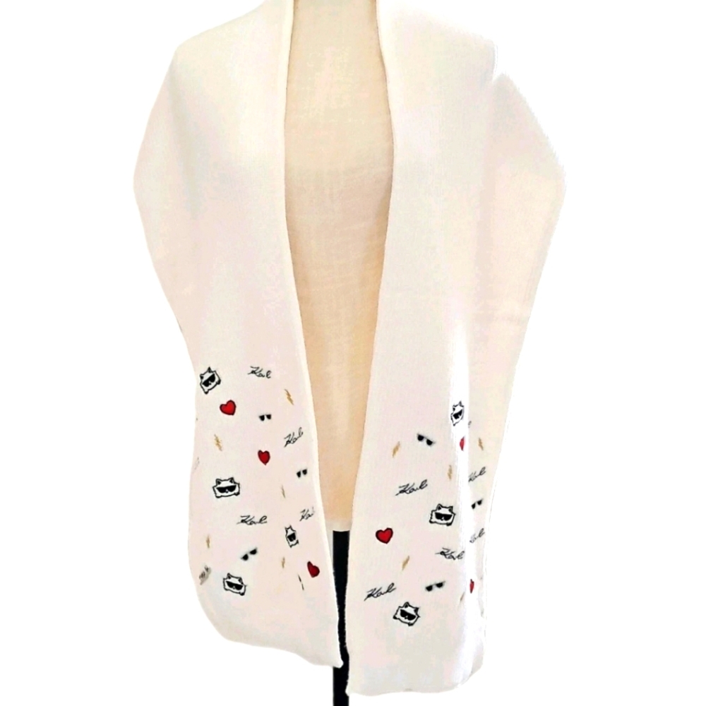 Karl Lagerfeld Paris Thick Embroidered Cat Hearts Logo Scarf One Size Cream